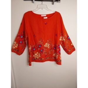 Ana & Rose Embroidered Pullover Top  Colorful 3/4 Sleeves Sz L  Orange